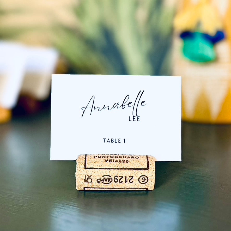 Classic Wine Cork Place Card Holders with Printed Guest Names