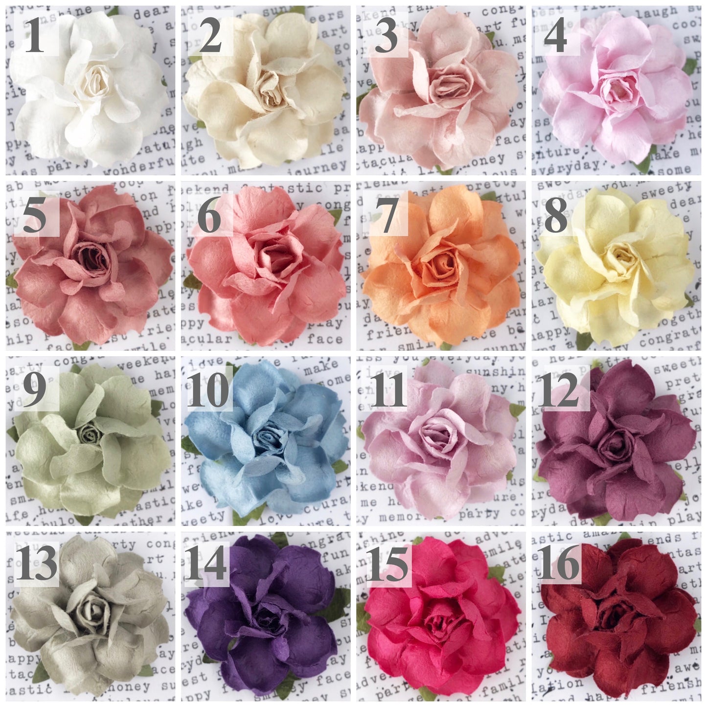 a custom color chart of 16 paper flowers in shades of white, ivory, blush, pink, mauve, coral, peach, yellow, mint, sage, cornflower blue, lavender, plum, silver, magenta and burgundy.