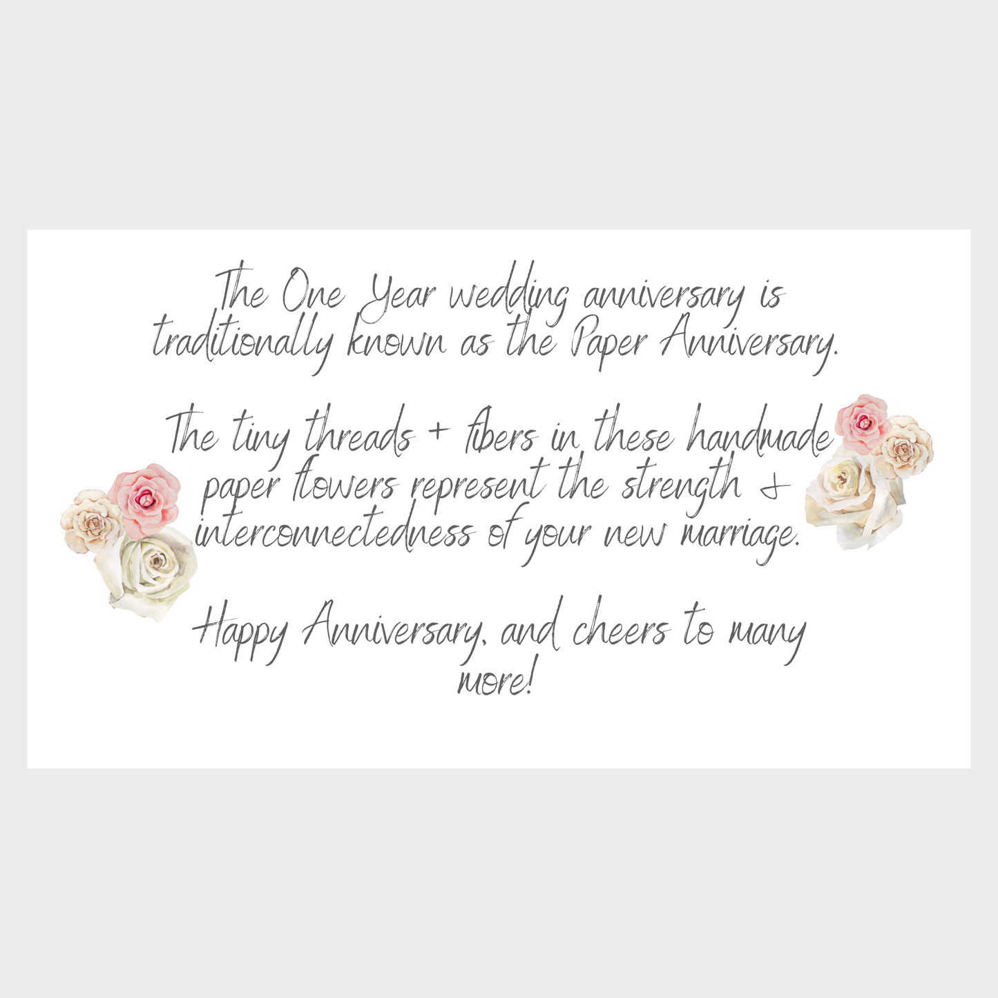 One-year wedding anniversary card with floral designs and text on a white background. This personalized note is included with your one year anniversary ornament gift.