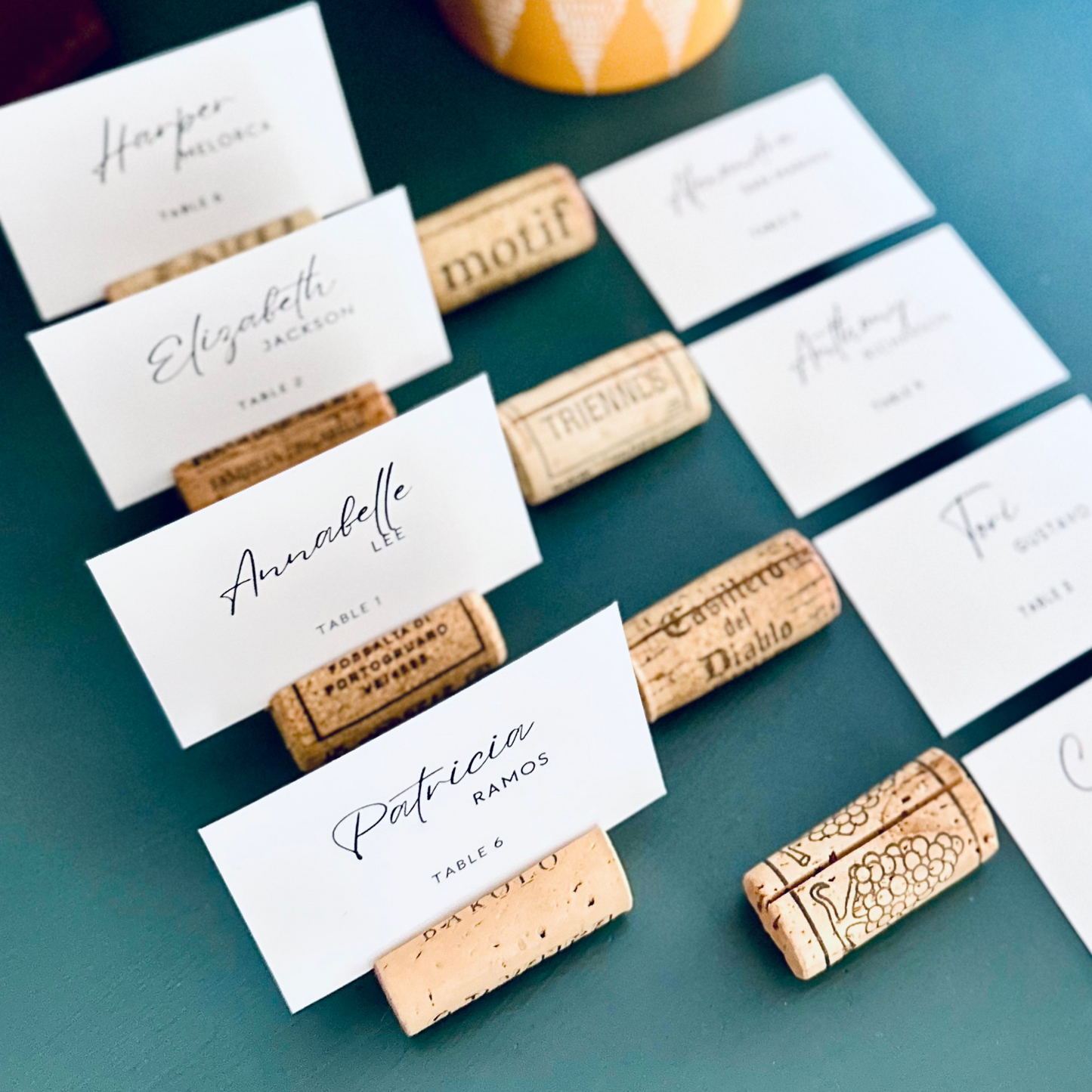 Classic Wine Cork Place Card Holders with Printed Guest Names