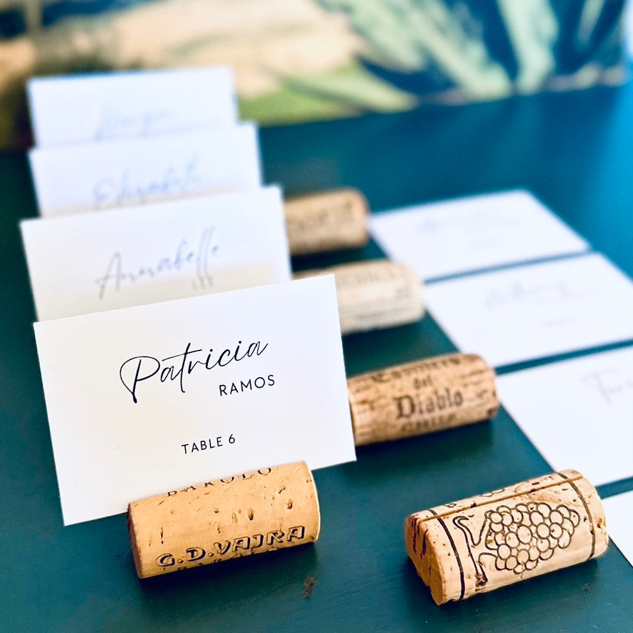 Classic Wine Cork Place Card Holders with Printed Guest Names