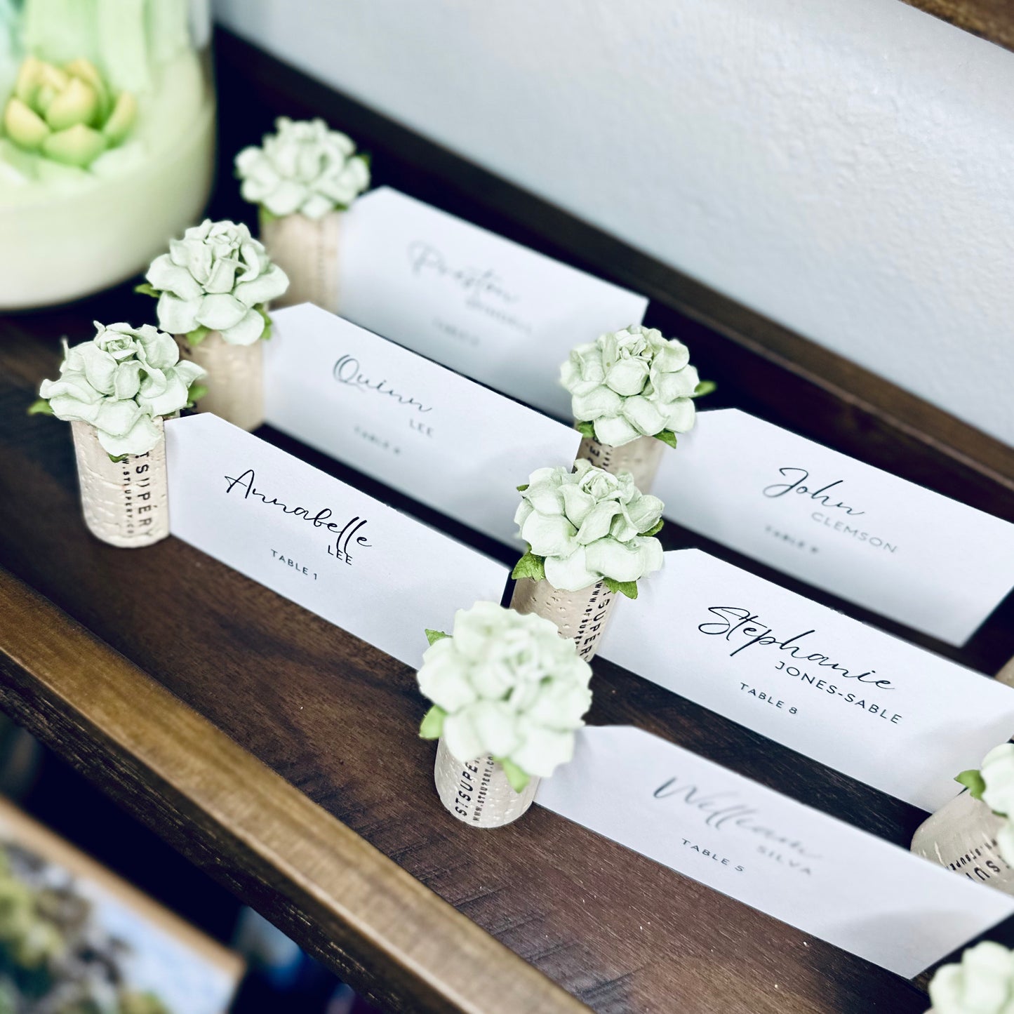 looking down on 6 guest seating cards, displayed in wine cork place card holders. The wine corks each have a mint green colored succulent style flower on top.