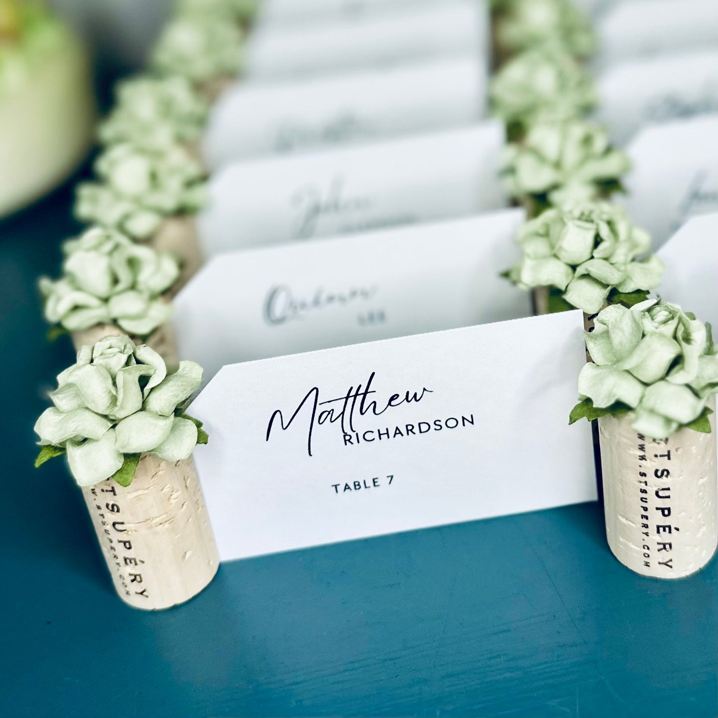 Cork place card holders with succulent flowers and personalized name cards on a blue surface.