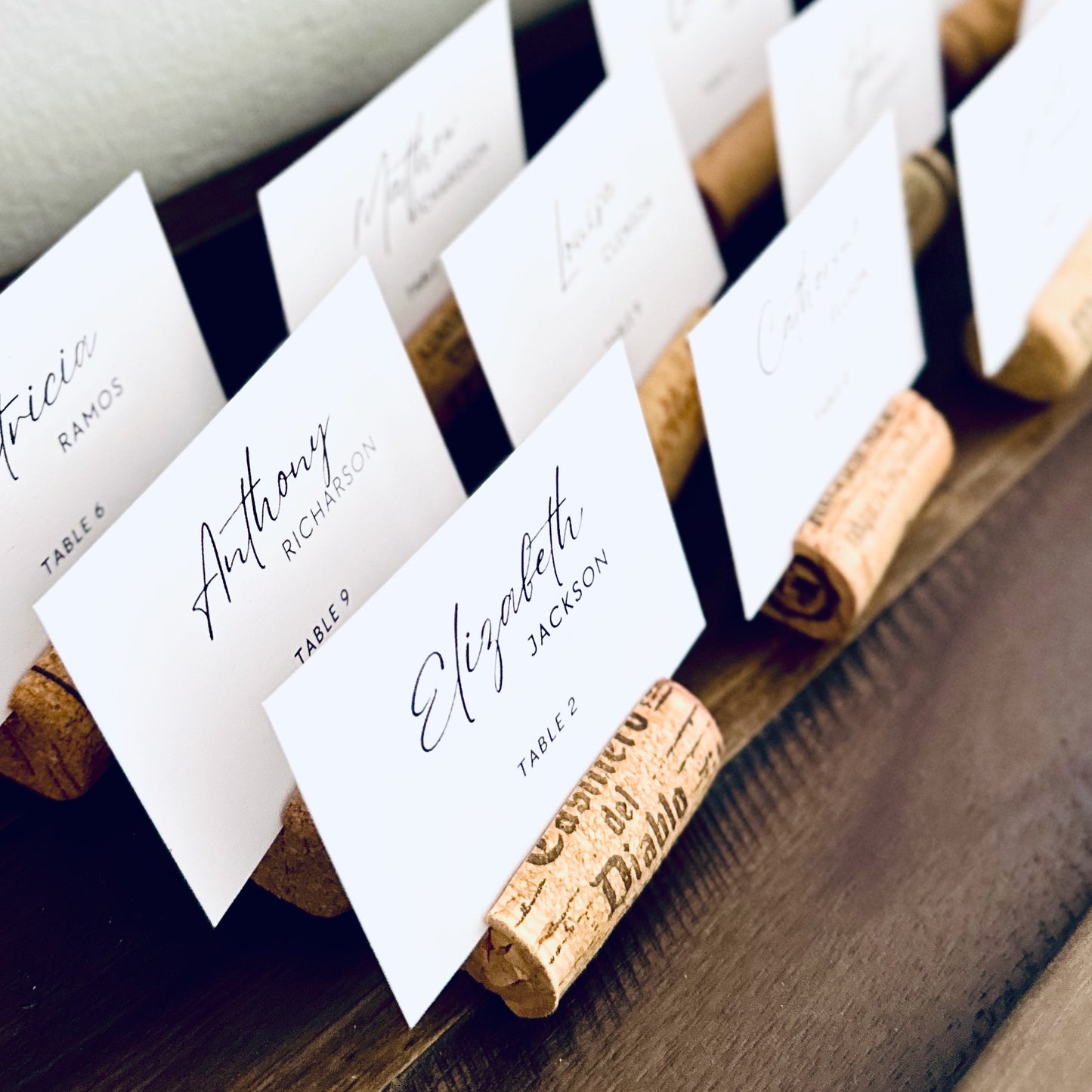 Classic Wine Cork Place Card Holders with Printed Guest Names