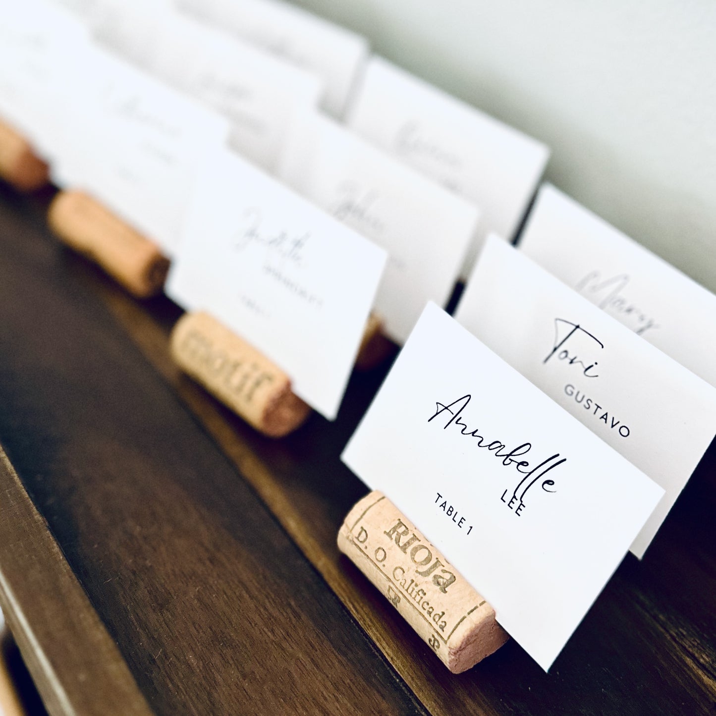 Classic Wine Cork Place Card Holders with Printed Guest Names