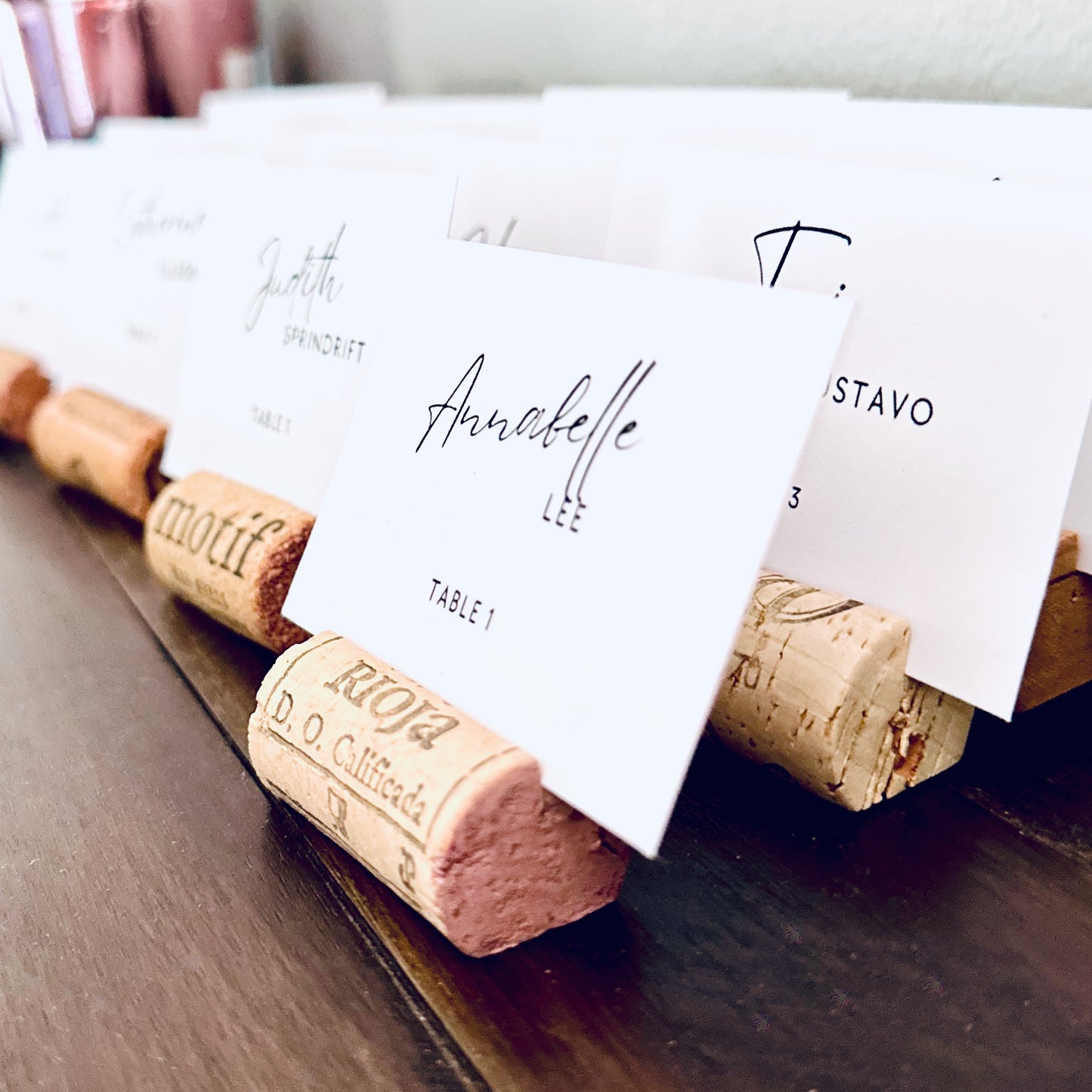 Classic Wine Cork Place Card Holders with Printed Guest Names