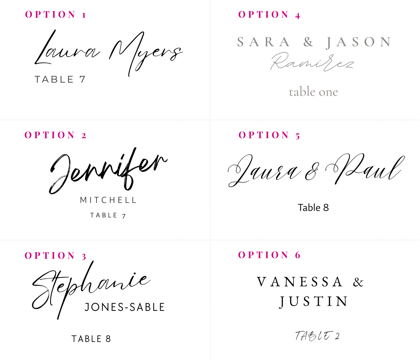6 calligraphy-style font options for printed name cards and table assignments.