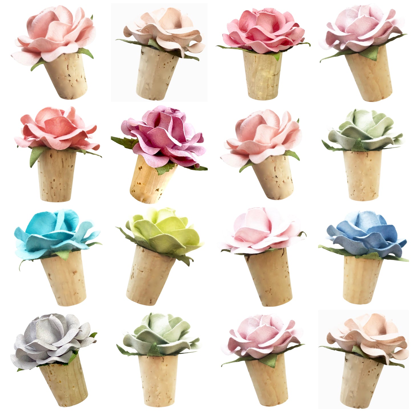 a group shot of 16 flower bottle stopper wedding favors in various shades of pinks, mauve, cornflower blue, blush, silver, and mint.