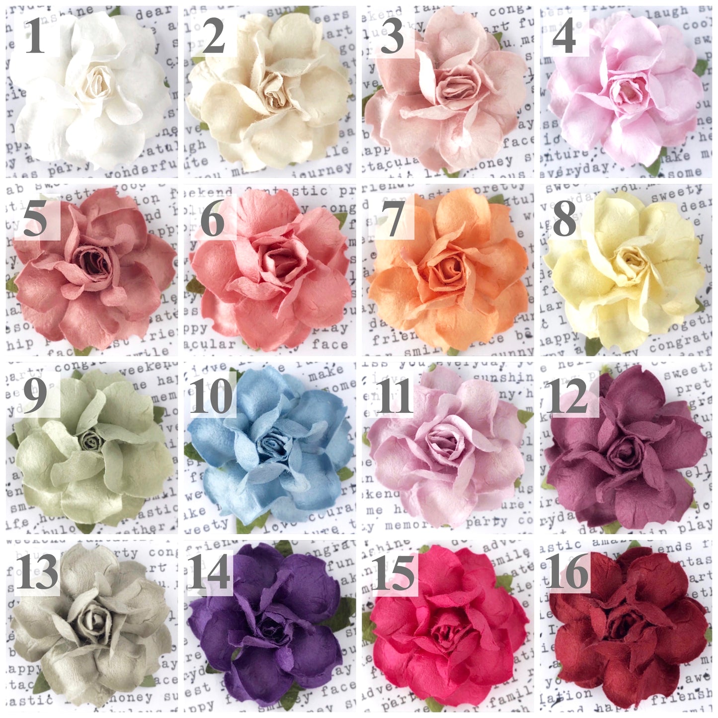 a color chart of 16 succulent paper flowers in shades of white, ivory, pink, blush, mauve, coral, peach, yellow, mint, sage, cornflower blue, lavender, plum, silver, magenta and burgundy