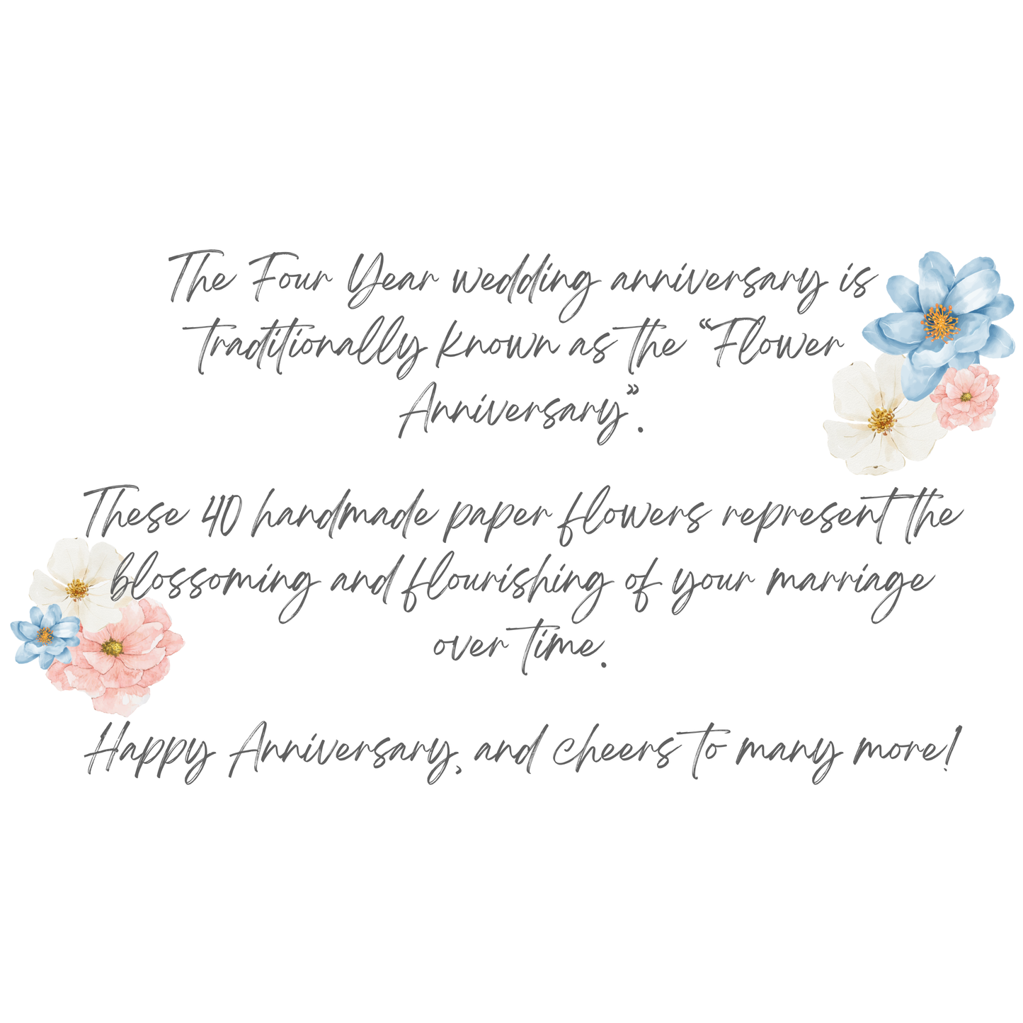 Gift note about the four-year wedding anniversary traditional gift of flowers on a white background with floral illustrations.