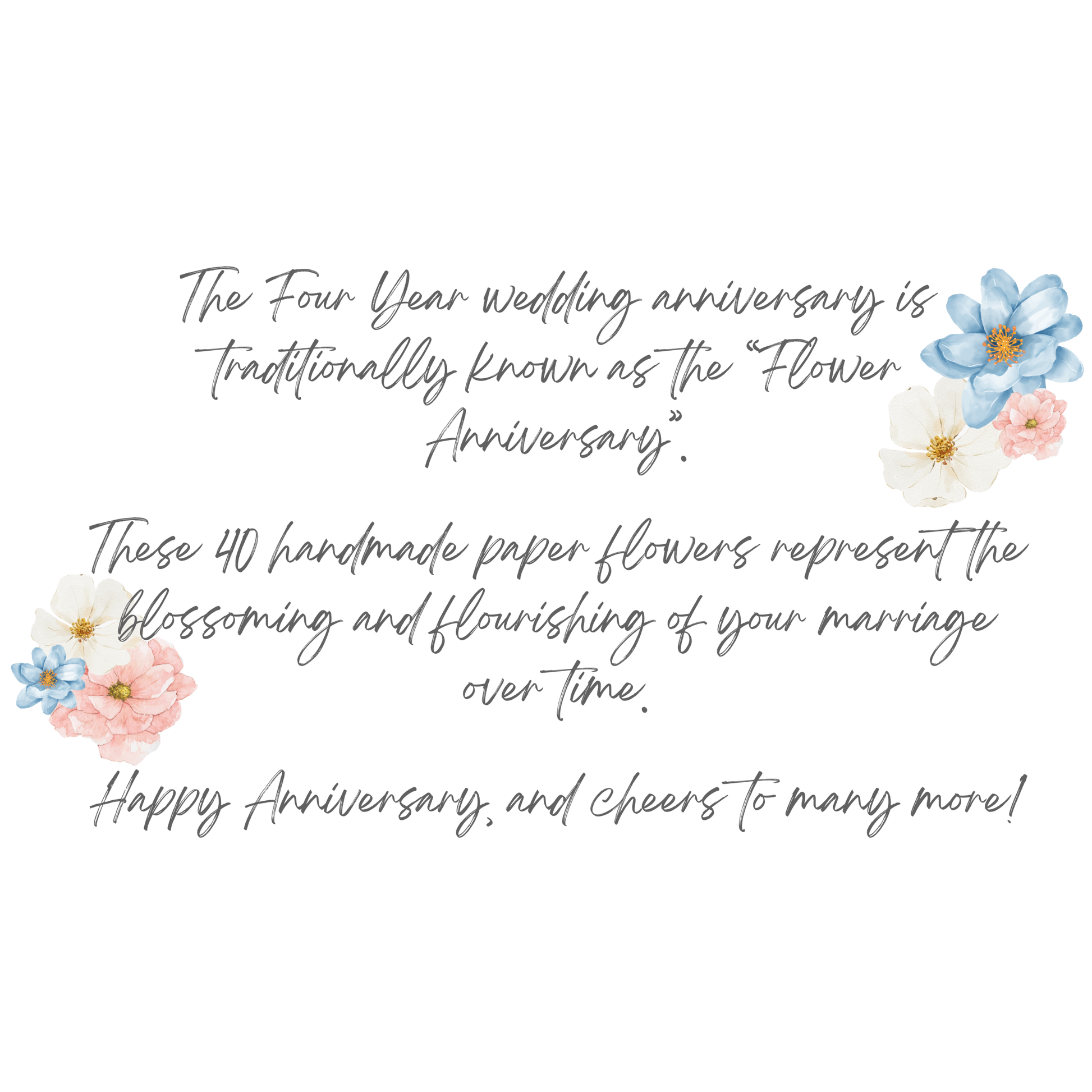 Gift note about the four-year wedding anniversary traditional gift of flowers on a white background with floral illustrations.