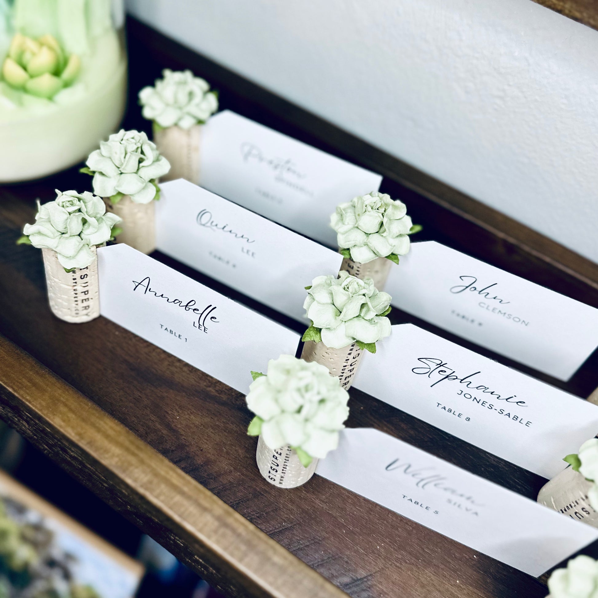 looking down on 6 guest seating cards, displayed in wine cork place card holders.  The wine corks each have a mint green colored succulent style flower on top.