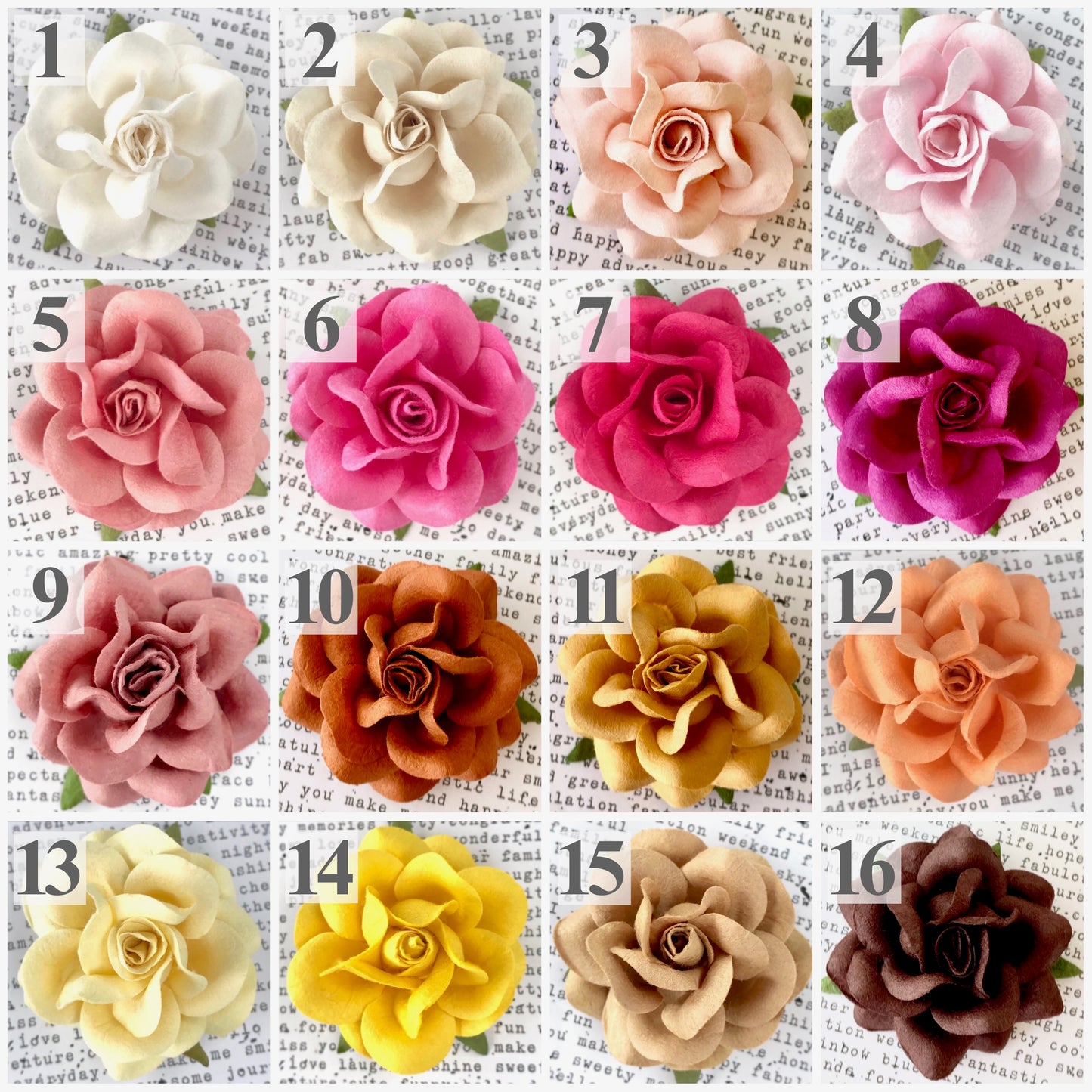 A color chart with 16 colored paper roses in shades of white, ivory, blush pink, mauve, fuchsia, magenta, orchid, coral, terra cotta, honey, peach, pale yellow, wheat, and mocha.