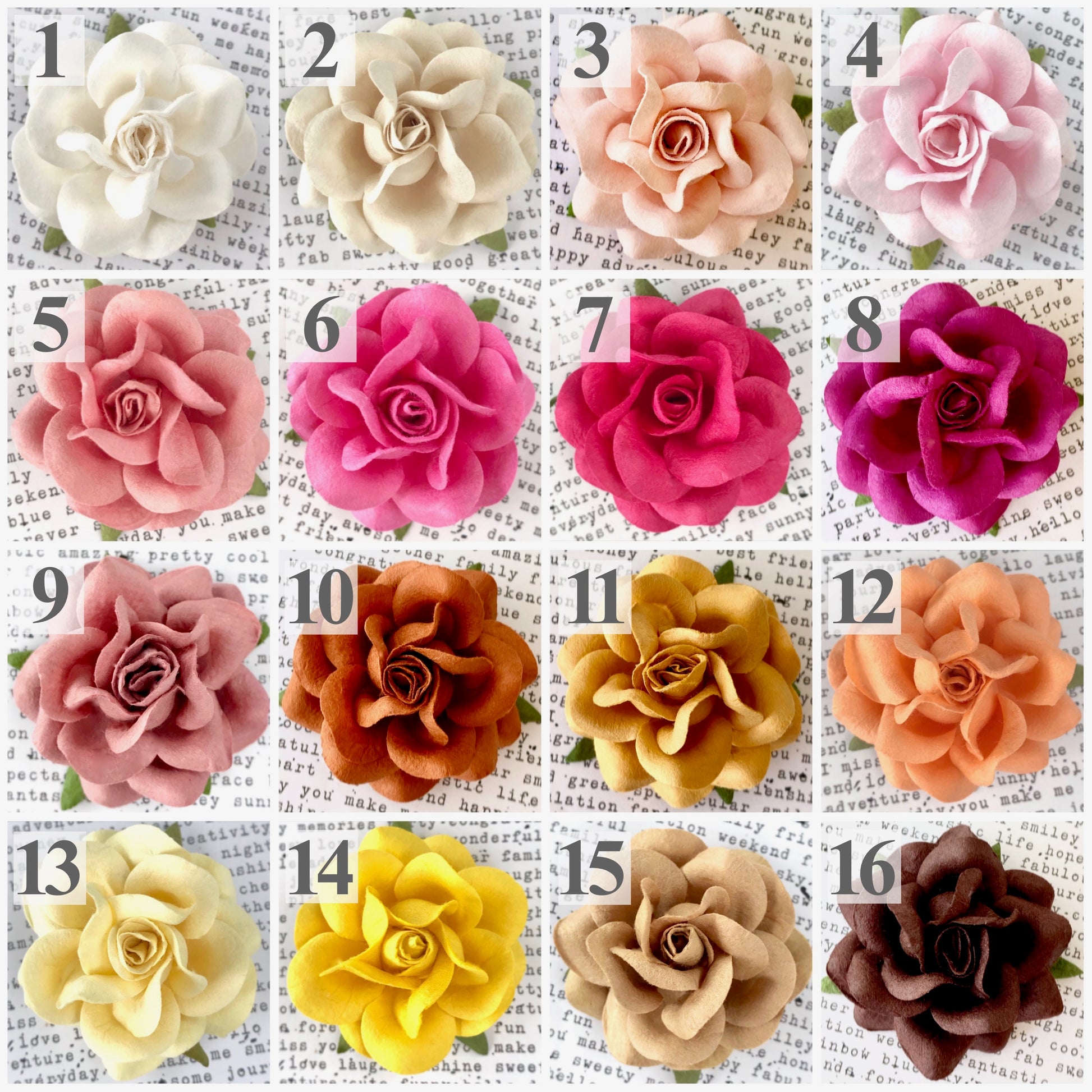 A color chart with 16 colored paper roses in shades of white, ivory, blush pink, mauve, fuchsia, magenta, orchid, coral, terra cotta, honey, peach, pale yellow, wheat, and mocha.