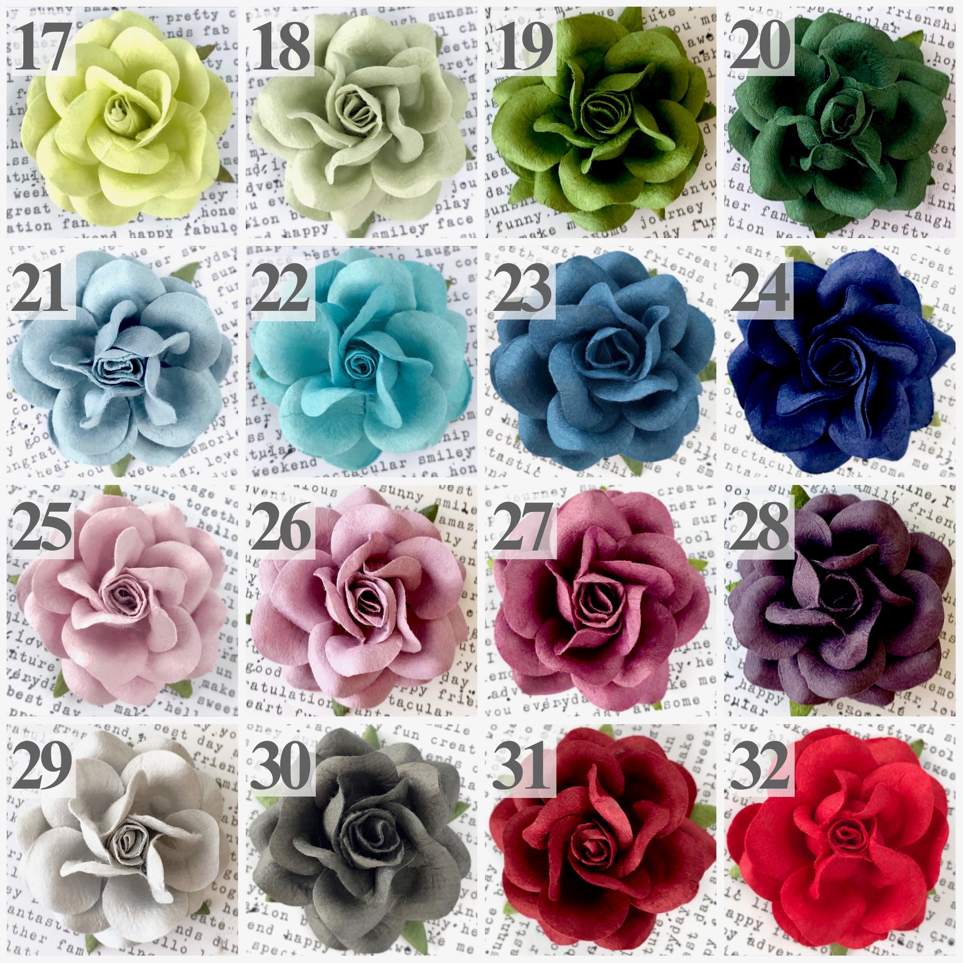 A color chart with 16 colored paper roses in shades of spring green, mint, moss, emerald, dusty blue, cornflower, french blue, peacock, navy, lavender, wisteria, plum, silver, gray, burgundy, wine, and ruby red.  Clients can choose up to 4 flower colors to design their four year anniversary flower theme ornament.
