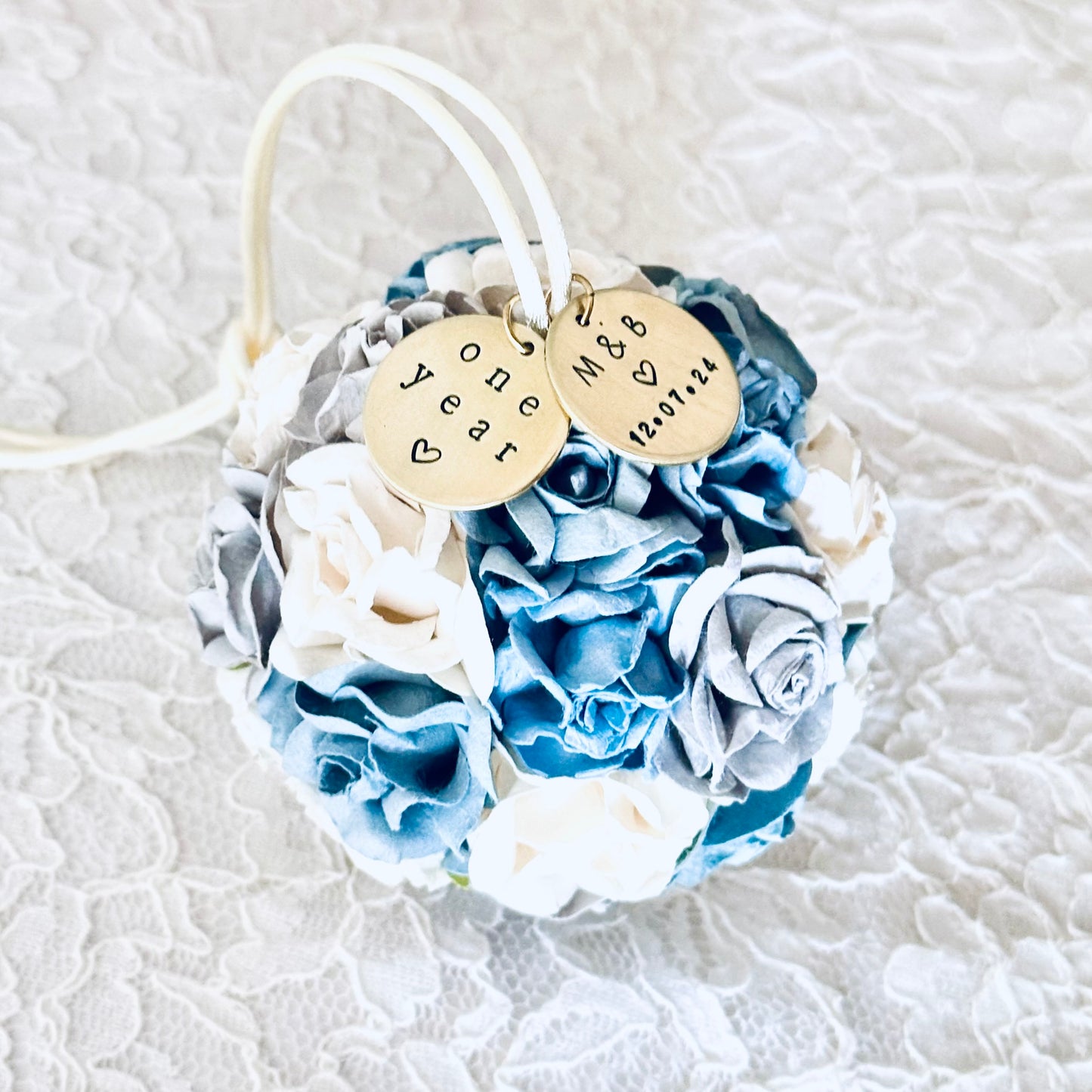 First Anniversary Gift | Paper Flower Ornament with Personalized Charms