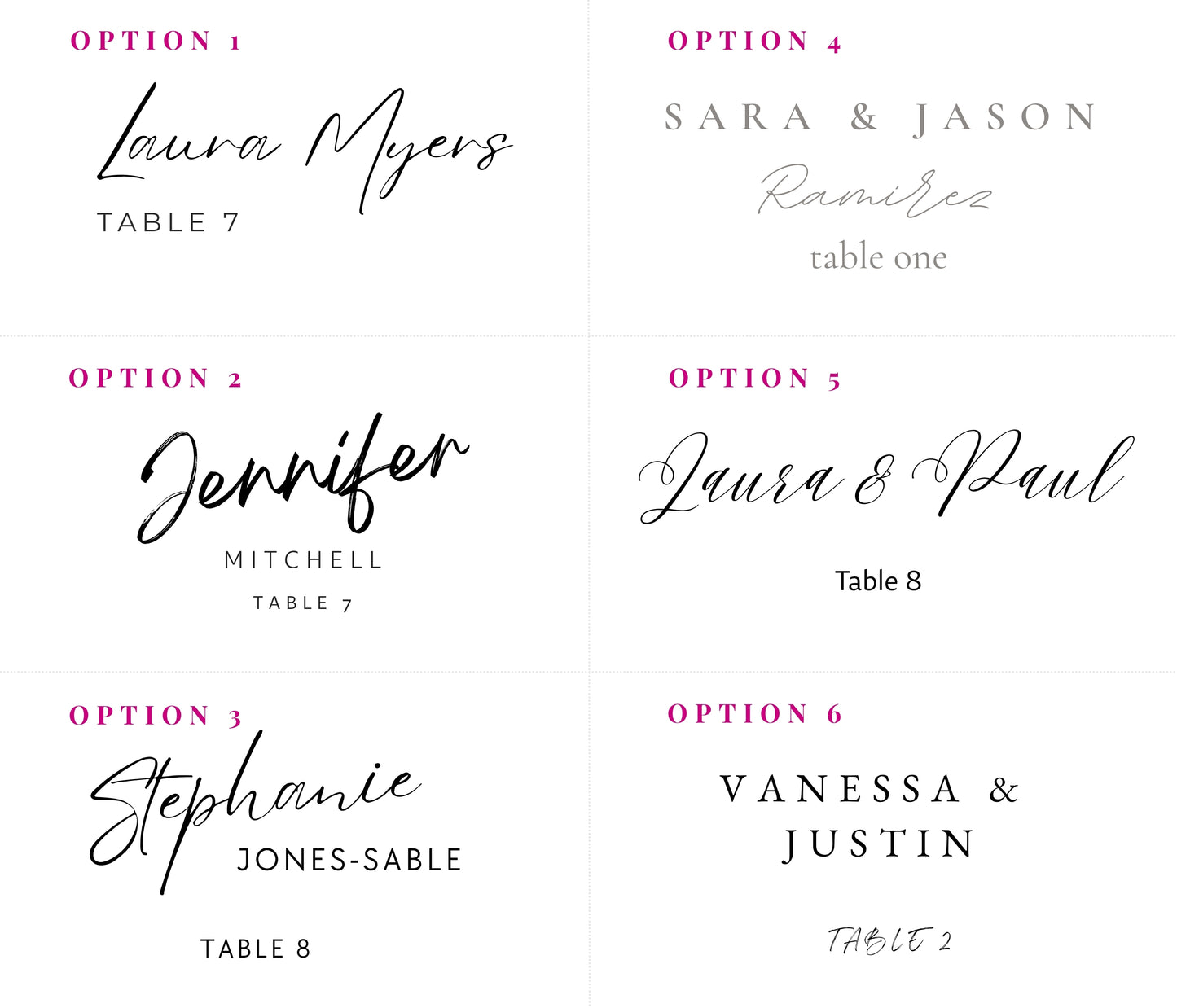 Set of name cards with personalized text and calligraphy style font options, on a white background